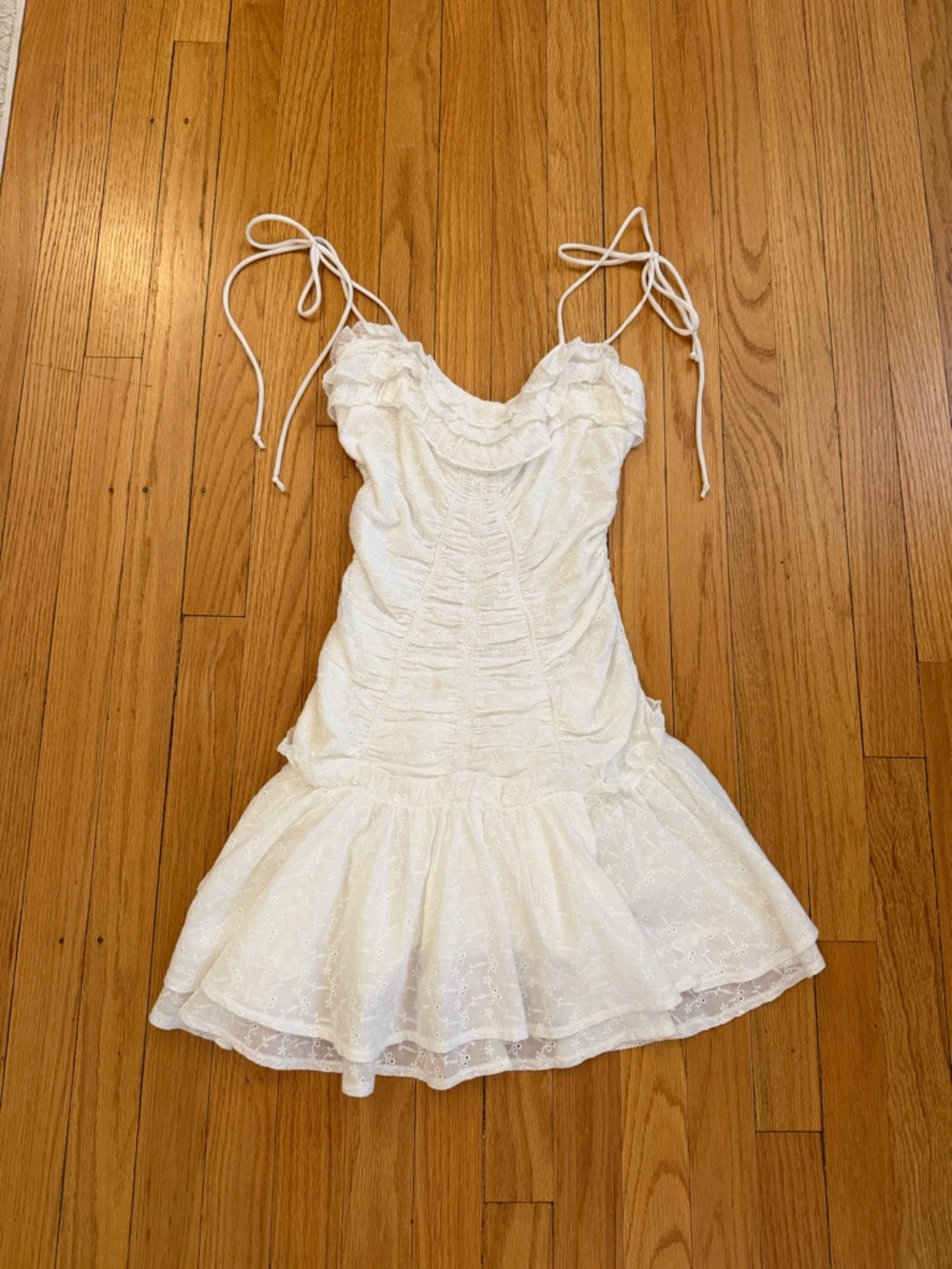 White Eyelet Ruffle Tie-Strap Mini Dress